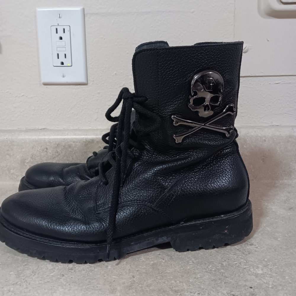 Philipp Plein Leather Boots Big Skull  Cross Bones Lace Up Unisex Sze 41 W9.5/M8 - Picture 2 of 12